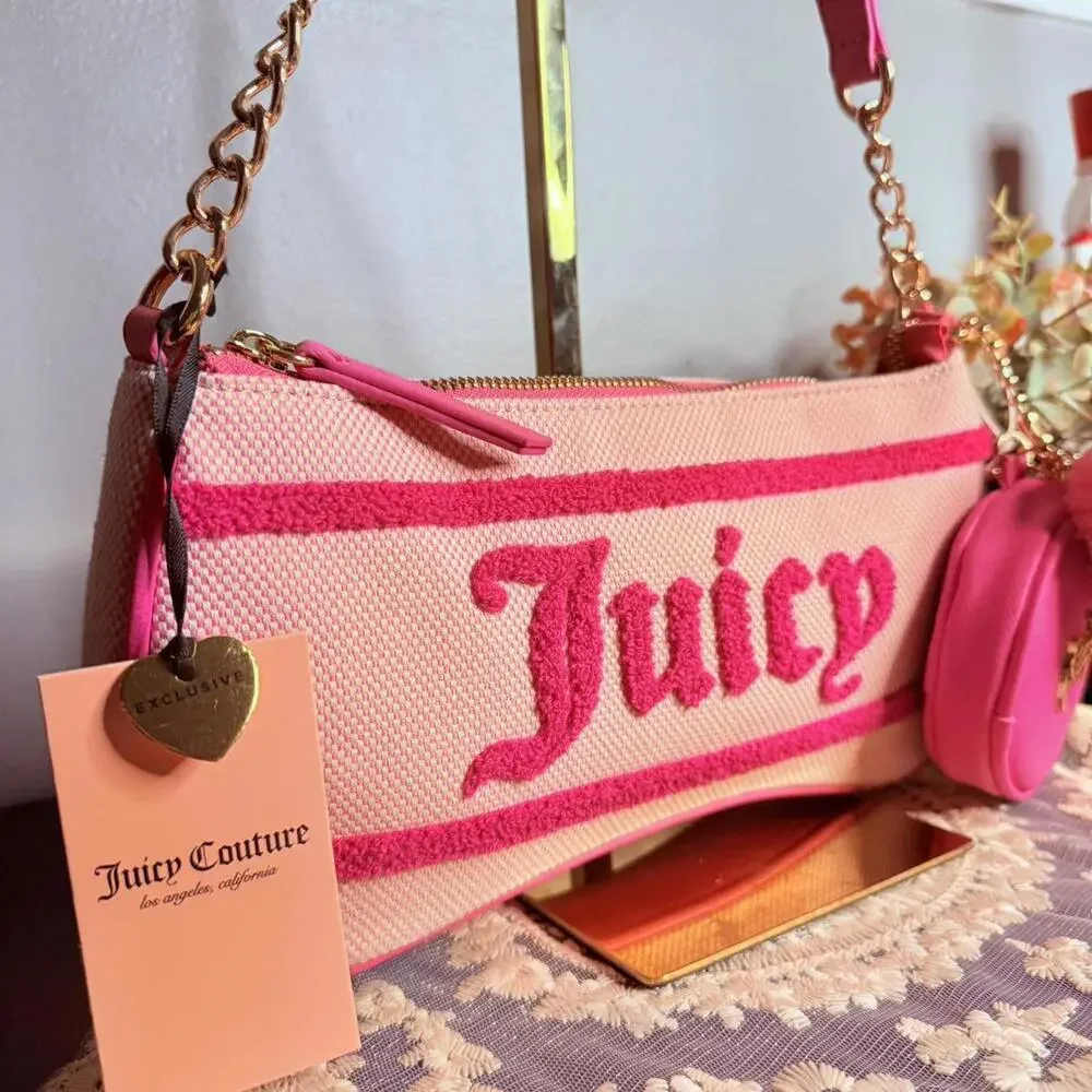 Juicy Couture Pink Chenille Logo Baguette Shoulder Bag w Coin Pouch NWT